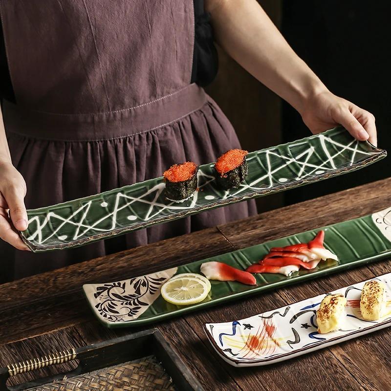 1PC Japanese-style Sushi Plate Tableware Creative Hand-painted Ceramic Day Strip Flat Sashimi Salmon Commercial Plate
