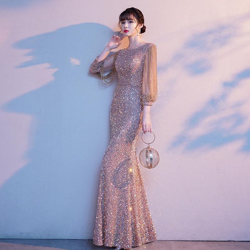 Fishtail Evening Dress Women's 1011 Summer Banquet Elegant Temperament Sequins Host Performance Celebrity Slim Dress