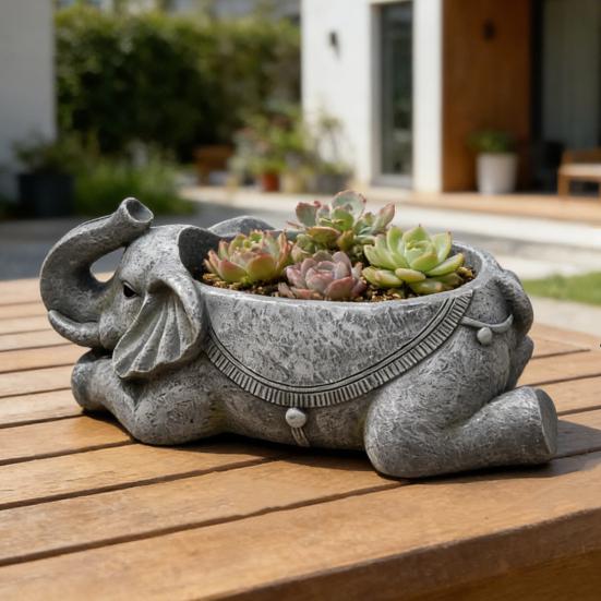 Elephant Planter Resin Elephant Animal Flower Pot Decorative Plant Holder with Drainage Hole for Indoor Outdoor Garden Patio Desk Home Decor
