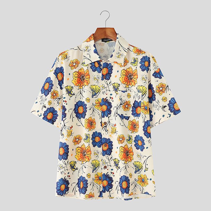 

INCERUN Oversized Men Lapel Neck Short Sleeve Floral Print Casual Hawaiian Shirts 3XL абрикосовый