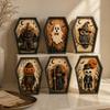 Unique Halloween Gifts for Friends Coffin-Shape Wooden Sign Decor, Pumpkin Skeleton Ghost Owl Desktop Statue Decor Patterns, Spooky Tabletop Ornament