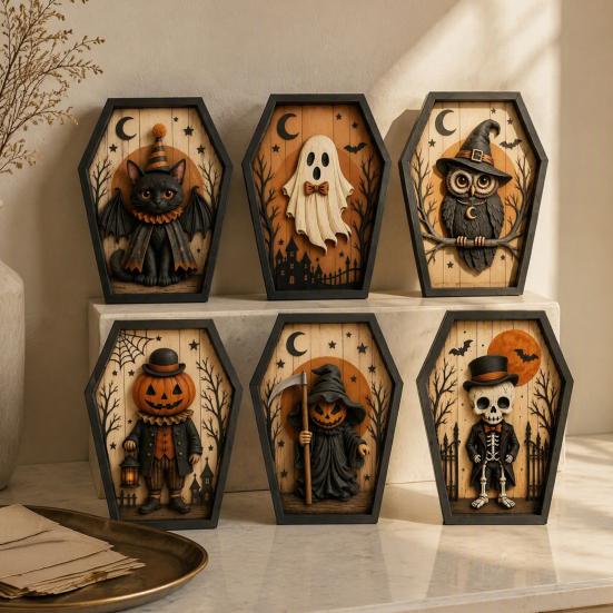 Unique Halloween Gifts for Friends Coffin-Shape Wooden Sign Decor, Pumpkin Skeleton Ghost Owl Desktop Statue Decor Patterns, Spooky Tabletop Ornament