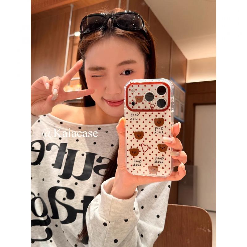 Korean Style Polka Dot Heart Bear Case for iPhone 17 Pro Max and 16 Pro