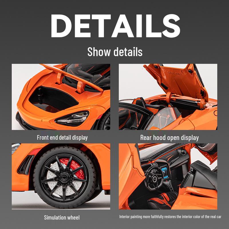 1:24 McLaren 720S Alloy Sports Car Model Toy with Sound & Light, Pull-Back Action, and Opening Four Doors.