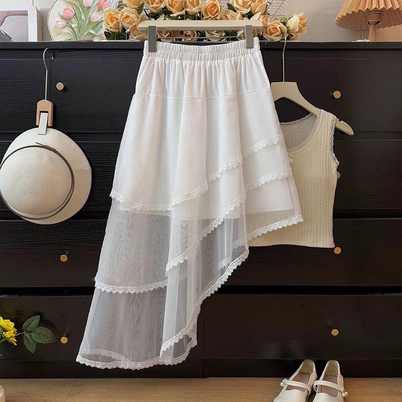 

Неравномерная кружевная отделка, сетчатая юбка миди для женщин - Весна 2025, завышенная талия, А-силуэт, плиссированная, многоярусный дизайн. Small белый