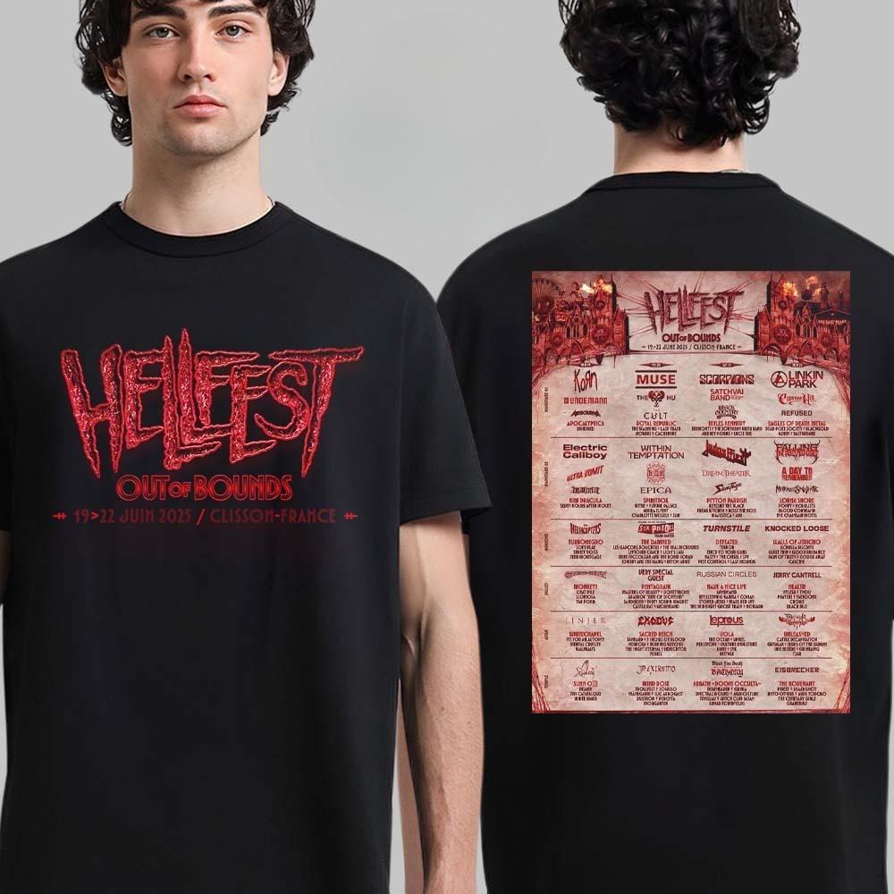 Bästa Hellfest 2025 Out of Bounds Merchandise Clisson Frankrike den 19-22 juni 2025 med Lineup Skyline Dubbelsidig Unisex T-shirt