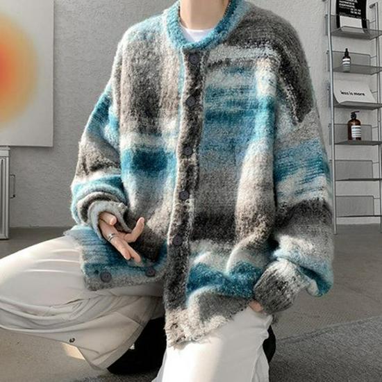 Men's and Women's Trendy Color Block Autumn/Winter Loose Knit Cardigan Sweater