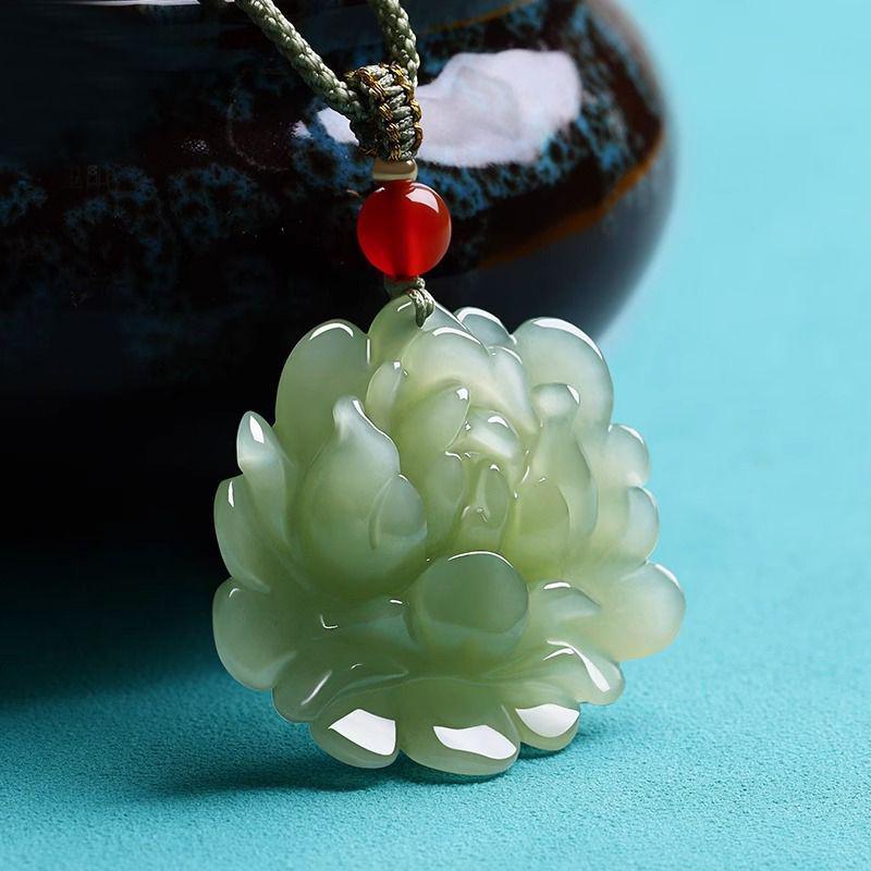 Hetian Jade Lotosový přívěsek Náhrdelník - Zelený nefrit pro muže a ženy