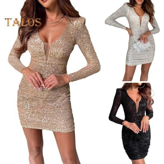 Lady Club Kleid V-Ausschnitt Pailletten Langarm Hohe Elastizität Etuikleid Mesh Patchwork Promi Bankett Abschlussball Cocktail Party Minikleid