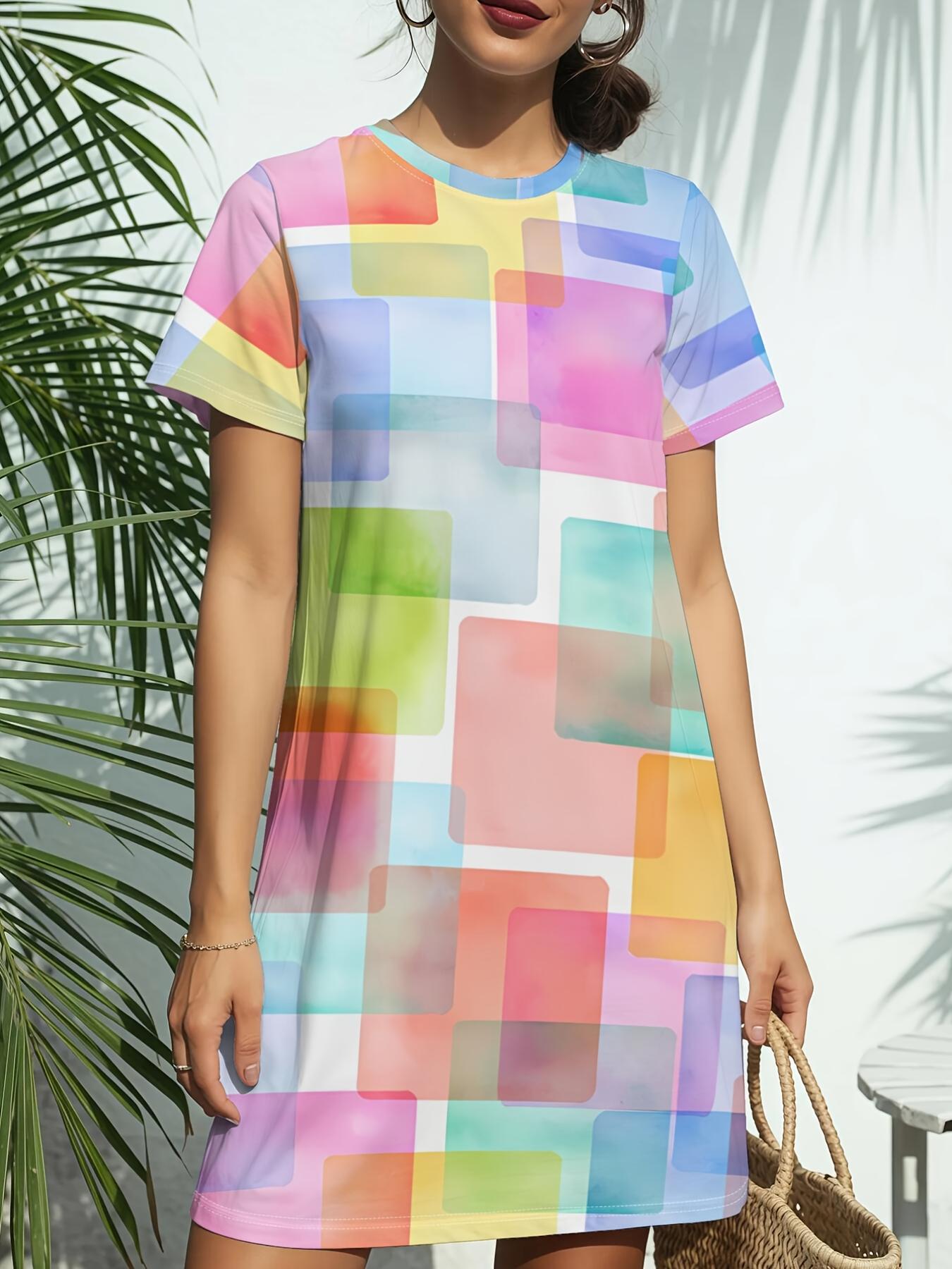 

Pixel Colorful Fun Print New Women S Round Neck Short Sleeve T-Shirt Dress. American Style Trend Digital Printing. Casual And Versatile for Spring And 8XL