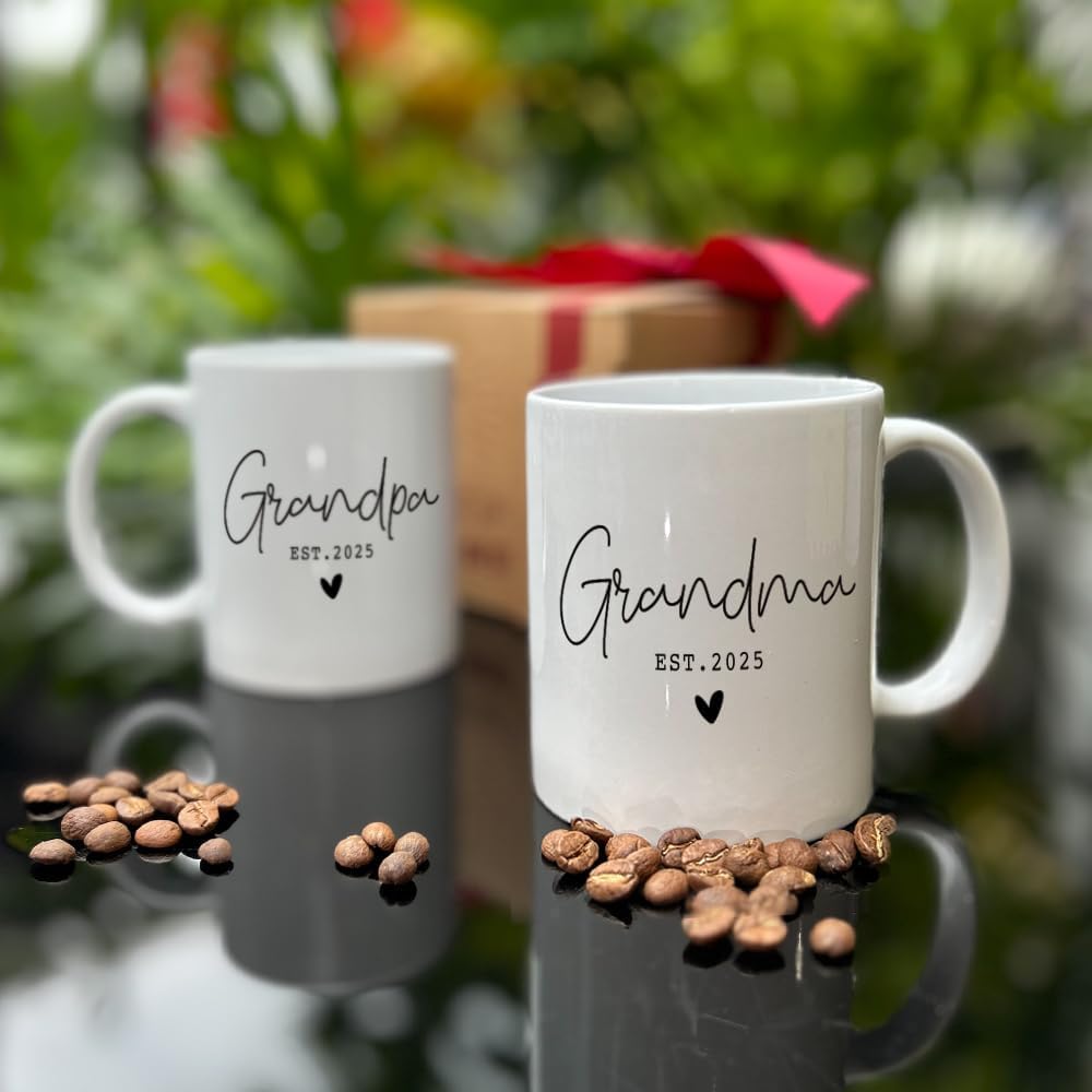 EST 2025 Grandpa Grandma Mugs Set Gifts for New Grandparents, EST 2025 First Time Grandpa Grandma Gift, Valentine Pregnancy Reveal Announcement Mug