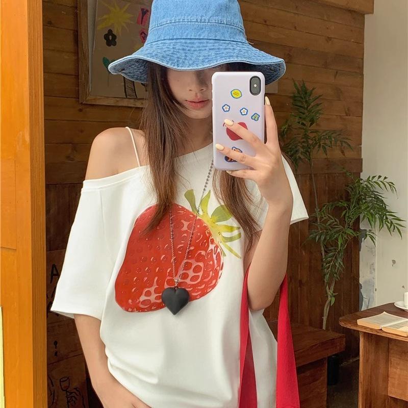 Spring 2026 One-Shoulder Off-the-Shoulder Pure Cotton Short Sleeve Women's T-shirt