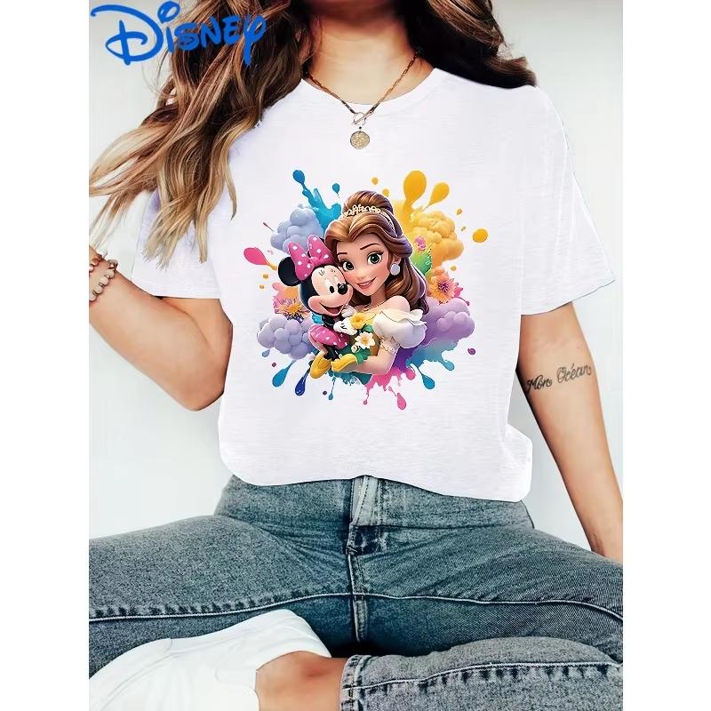 

Яркий Брызги Колокольчик Принцесса Минни Узор Новый Мультяшный Принт Модный Свободный Круглый Вырез Повседневная Женская Y2KT Рубашка S