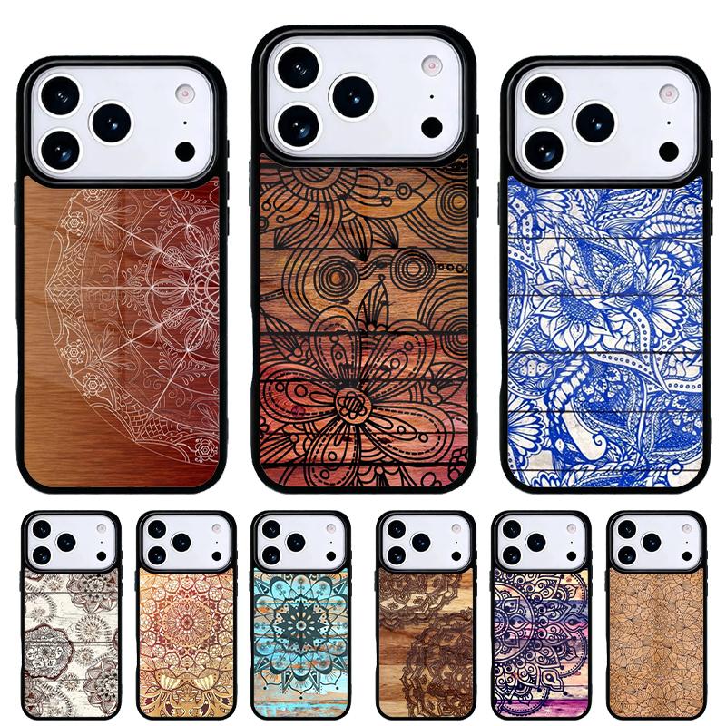 Mandala Floral Wood Phone Case for iPhone 17 16 15 14 13 Pro Max Back Cover for 12 11 Pro Coque