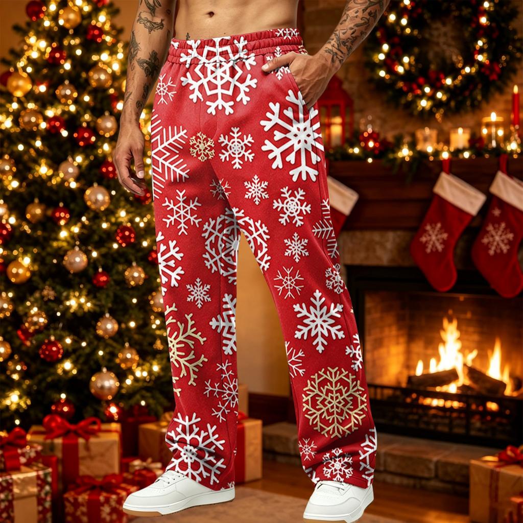 Men's Loose Fit Christmas Print Casual Pants with Pockets for Holiday Daily Wear