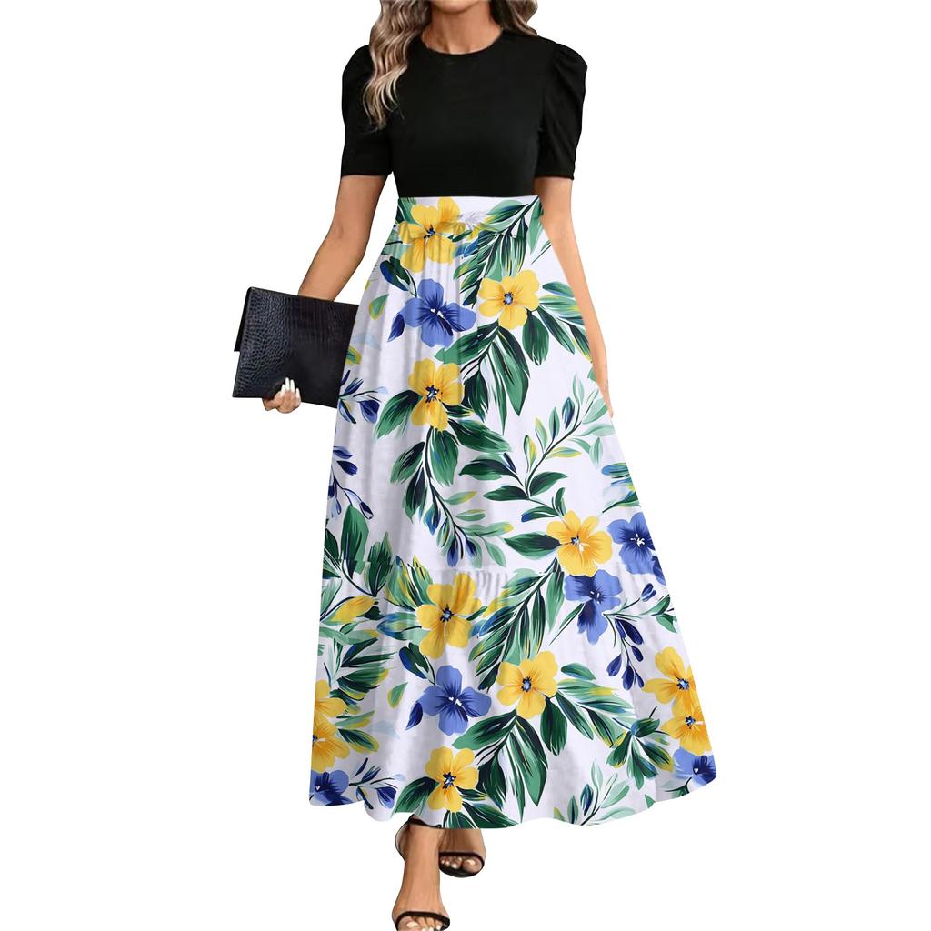 Women's Fashionable Casual Belt Short Sleeved Round Neck Print Elegant Temperament Dress