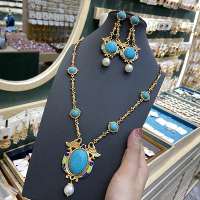 Western Antique Enamel Color Turquoise Bird Necklace Medieval Vintage Electroplated Real Gold Horse Shell Earrings