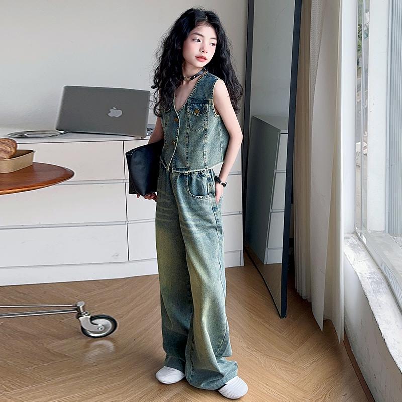 Hoge Mode Kinder Straatkleding Jeans Set voor Meisjes Casual Denim 2 Delig Pak Outfits Kinderen Trendy Y2K Hip Hop Straatkleding Set
