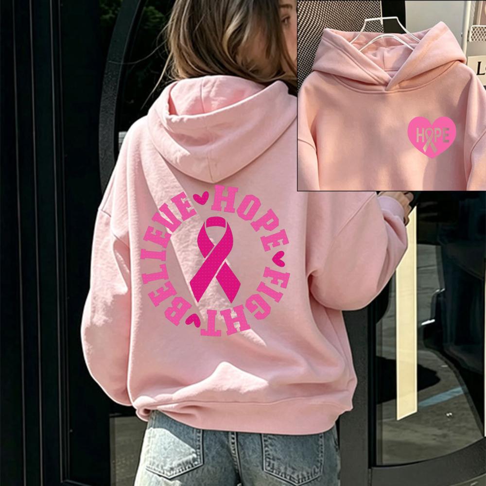 Believe Hope Fight Breast Cancer Awareness Hoodie Pink Ribbon Heart Letter Graphic Front Back Print Cancer Warrior Hooded Tops