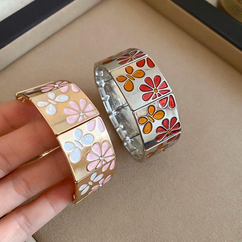 Metal Drip Oil Flower Bracelet Silver Elastic Bangles Geometric Square Bangle Decoration