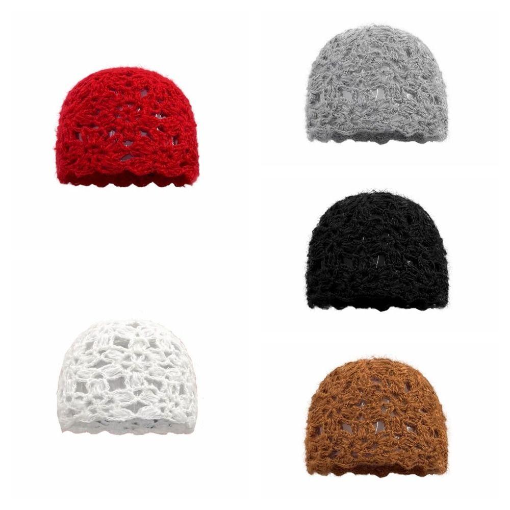 Hollow Knitted Pullover Hat Solid Color Beanies Cap Sweet Crochet Flower Hat  Girls