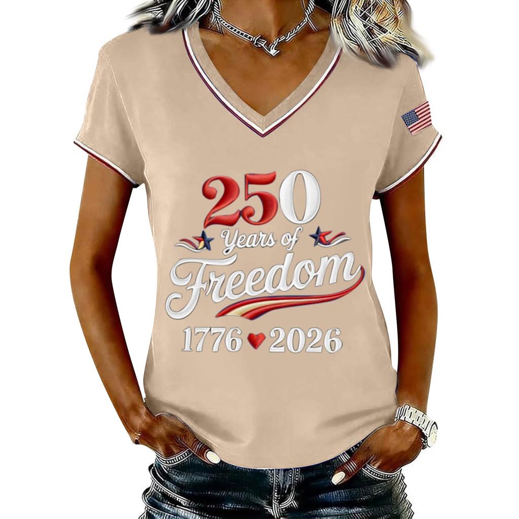 Women's Casual V Neck Short Sleeve Pullover Printed T-Shirt Top
