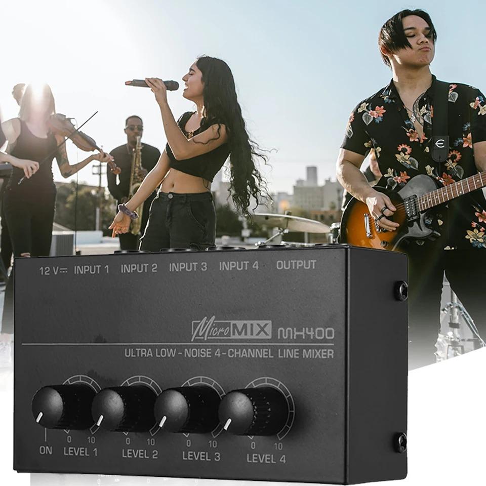 4 Channel Line Mixer Mini Sound Mixer DC 12V Easy Operation Audio Mixer Ultra Low Noise 4 Input 1 Output with Power Adapter