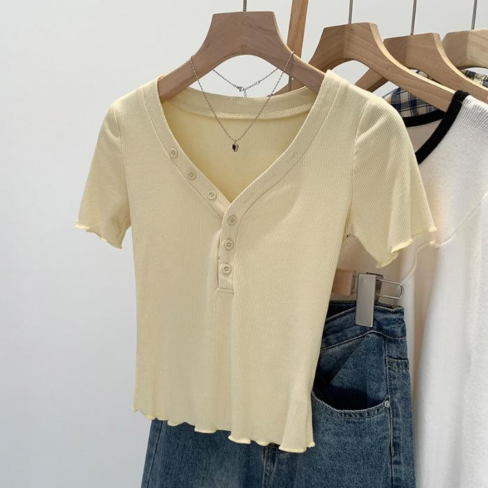 

No price reduction #front shoulder button V-neck red short-sleeved T-shirt women s fungus edge slim-fit top trendy S