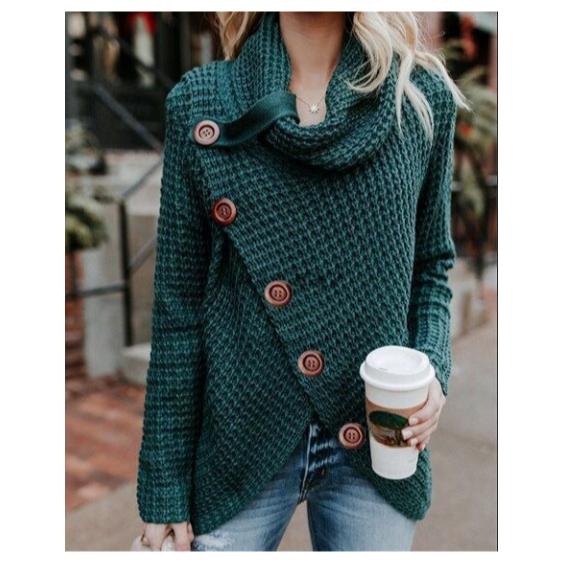 Autumn and Winter Solid Color Thick Sweater Women New Single-row Diagonal Buckle Long-sleeved Asymmetric Knitwear Women