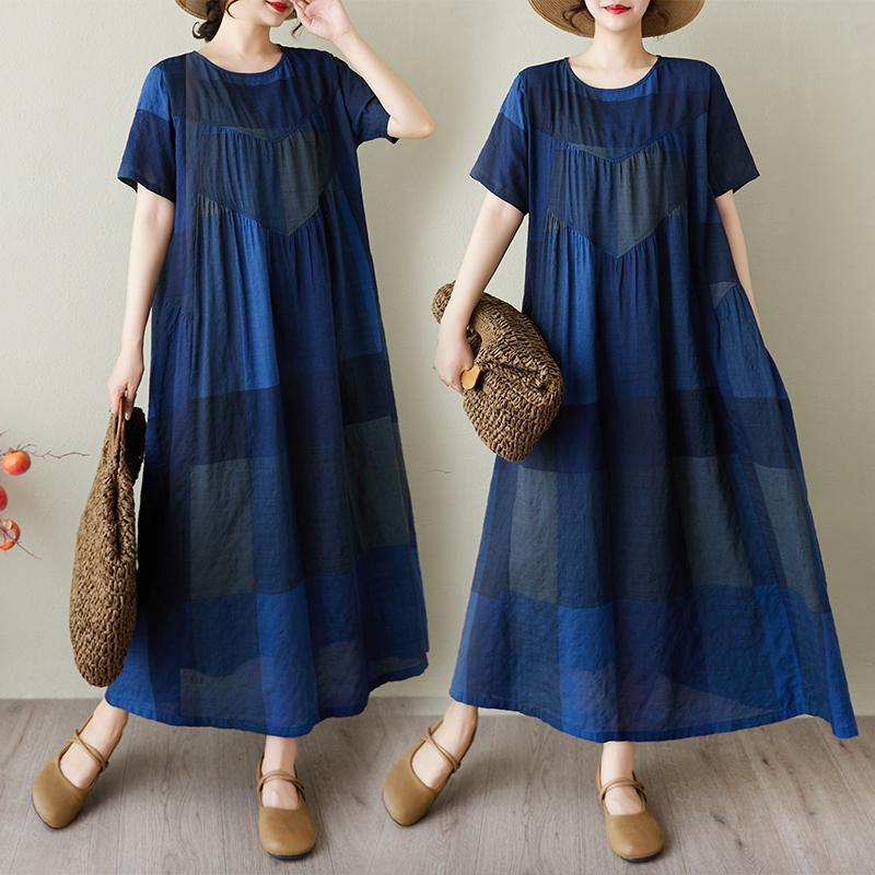 DIMANAF 2025 Summer Women Vintage Linen Plus Size Long Dress Short Sleeve Casual O-Neck Basic Loose Dress