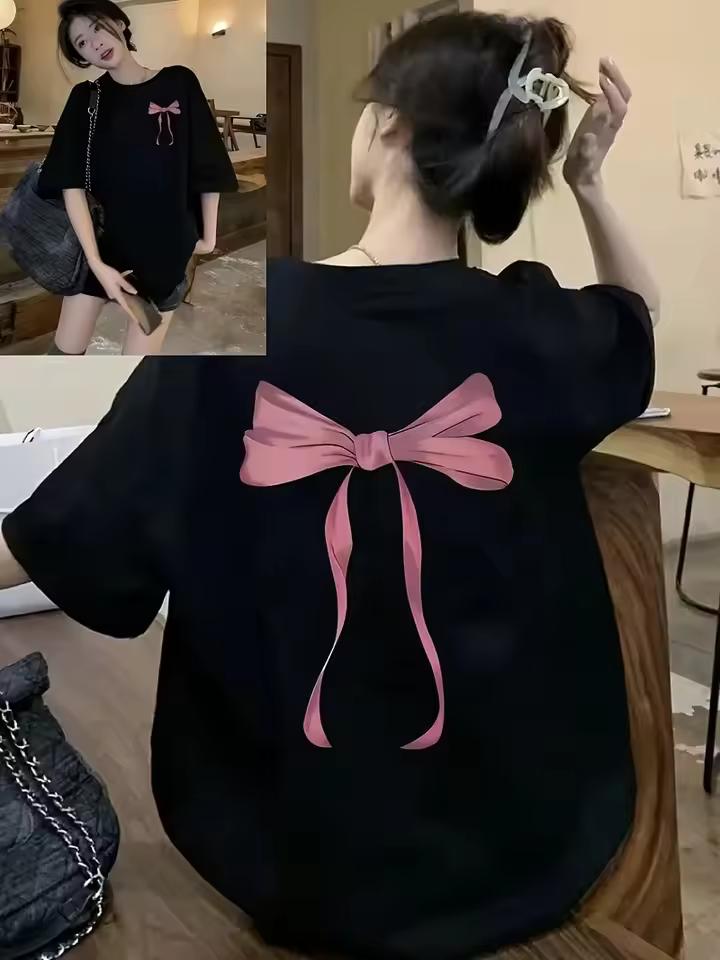 Bow Print T-Shirt, Casual Short Sleeve Crew Neck Double-Sided Bowknot Design Summer Soft Daily Wear Streetwear Top for Women