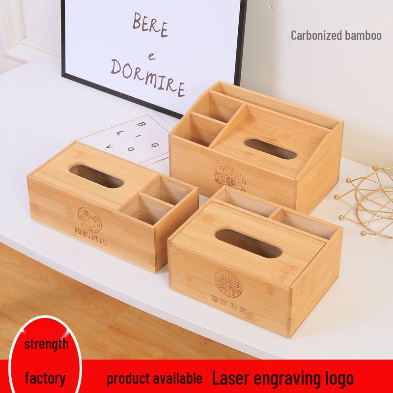 Bamboo & Wood Multipurpose Tissue Box with Remote Control Storage & Custom Engraved Logo for Home or Hotel Use