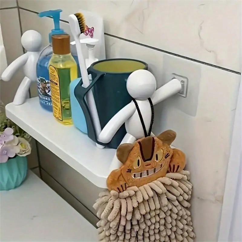 1pc Cute White Statue Wall Mount Storage Rack - No Drilling Required, Perfect For Bathroom And Kitchen Organization