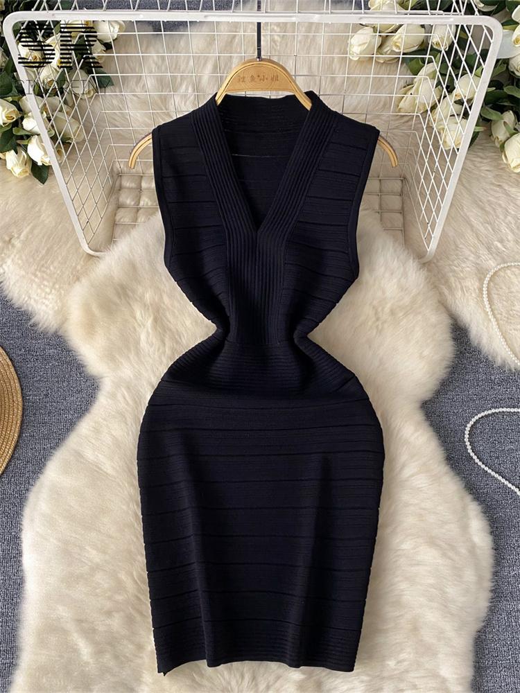 Vestido básico ajustado de punto para mujer, sin mangas, con escote en V, cintura elástica, temperamento sólido, vestido de calle