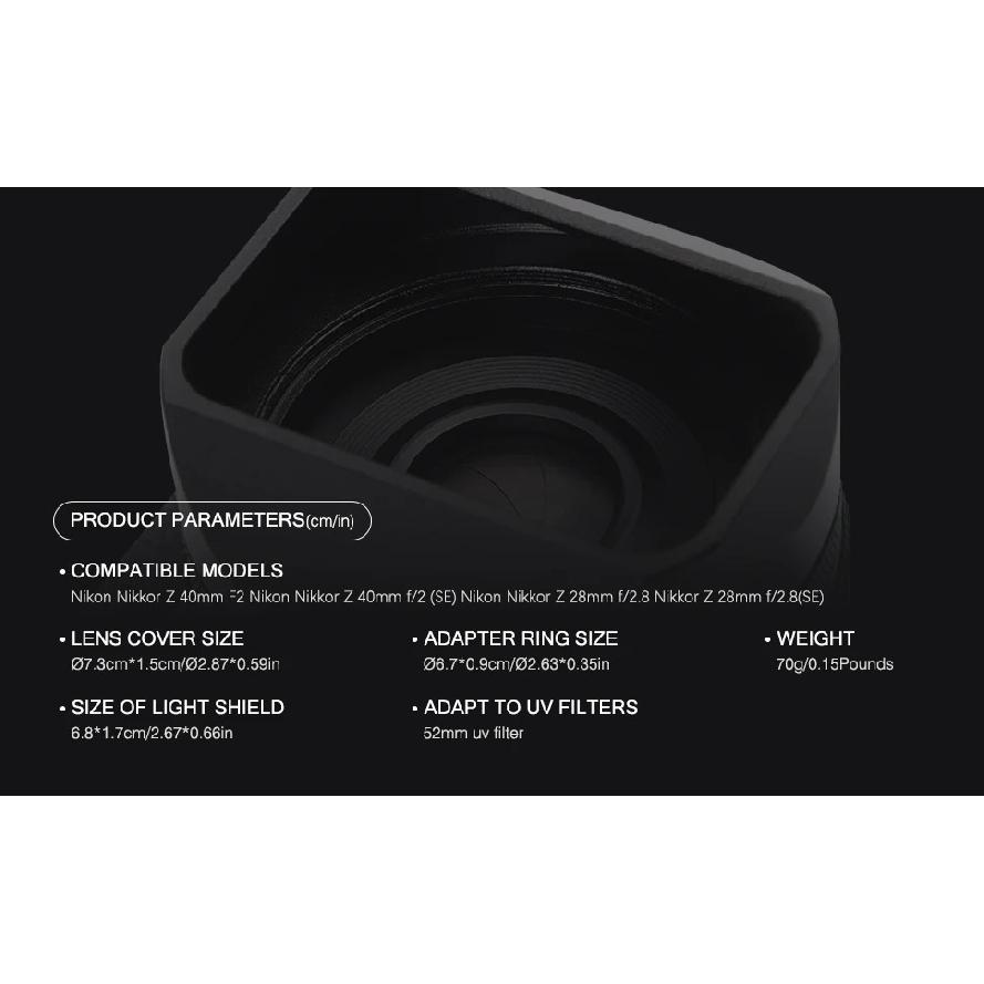 Square Metal Camera Lens Hood for Nikon Nikkor Z 28mm F2.8 Z 40 F2SE/Z 40mm F2 Lens Hood Lens Cap LH-N52 Replaces