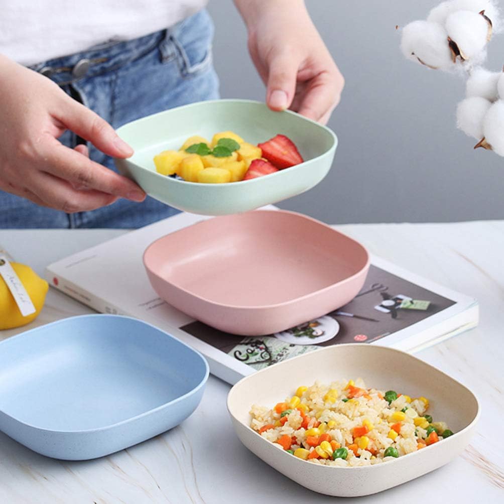 Square Cereal Bowls Set of 4, Plastic Small Bowls for Kitchen, 6 Inch Shallow Serving Bowls for Soup Salad Oatmeal Snack Dessert Ice Cream