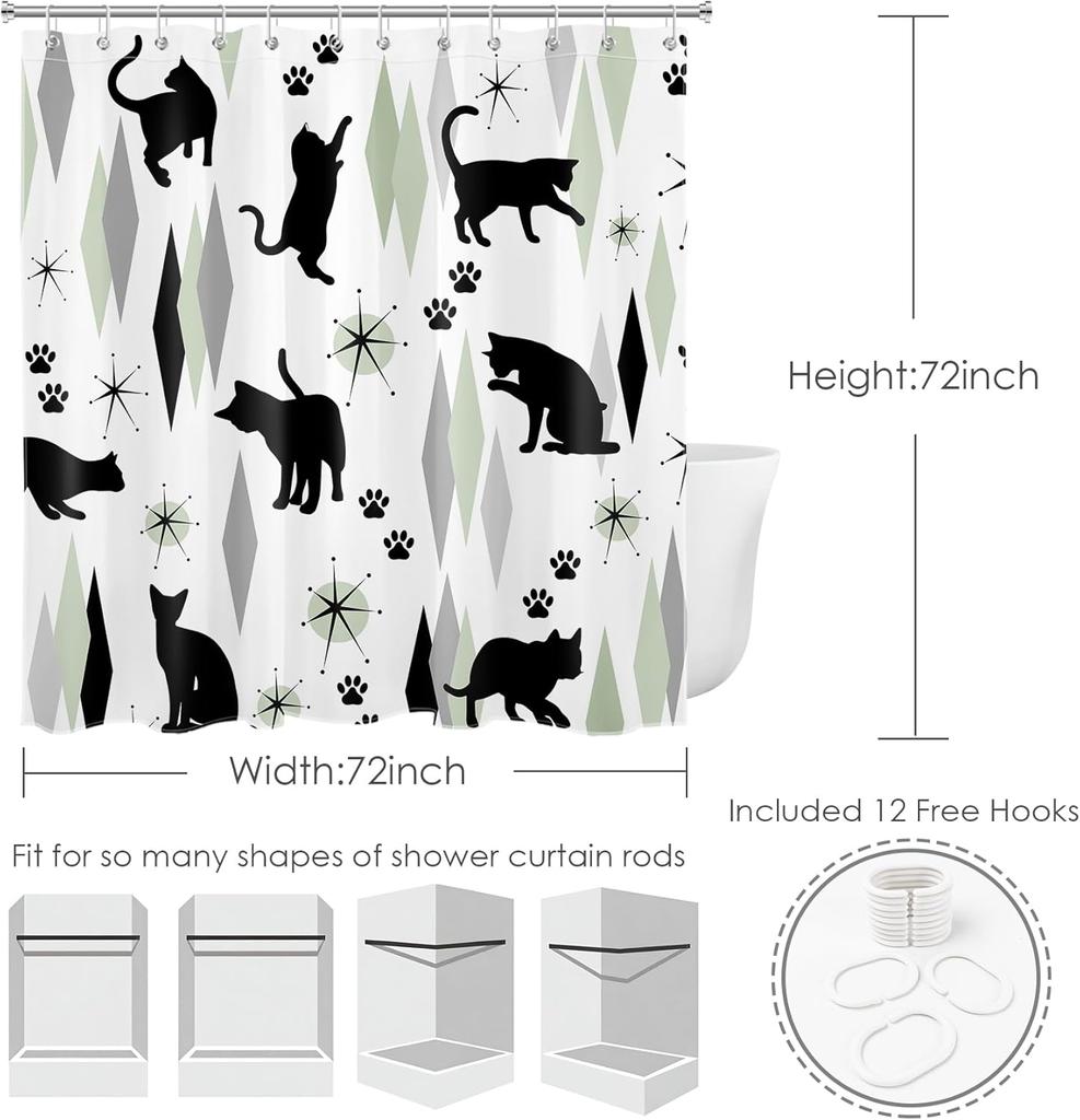 Mid Century Black Cat Shower Curtain for Bathroom Boho Sage Green and Grey Geometric Fabric Shower Curtain  Retro Cute Animal