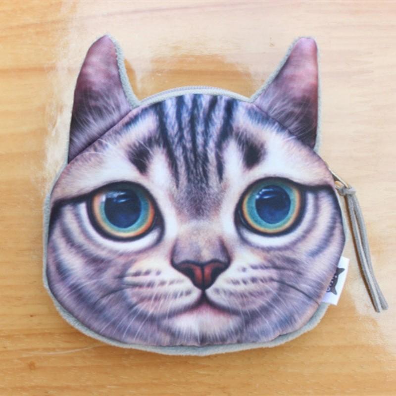 New 3D Realistic Cat Head Coin Purse Fold Eared Grey Short Hair Cat Animal Wallet Cute Pet Style