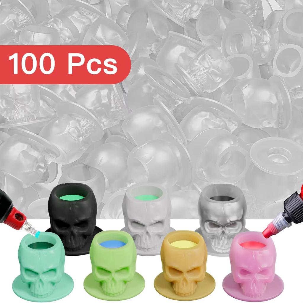 100PCS Tattoo Ink Cup Skull Disposable Silicone Tape Base Plastic Permanent Makeup Tattoo Pigment Cup Tattoo Accessories
