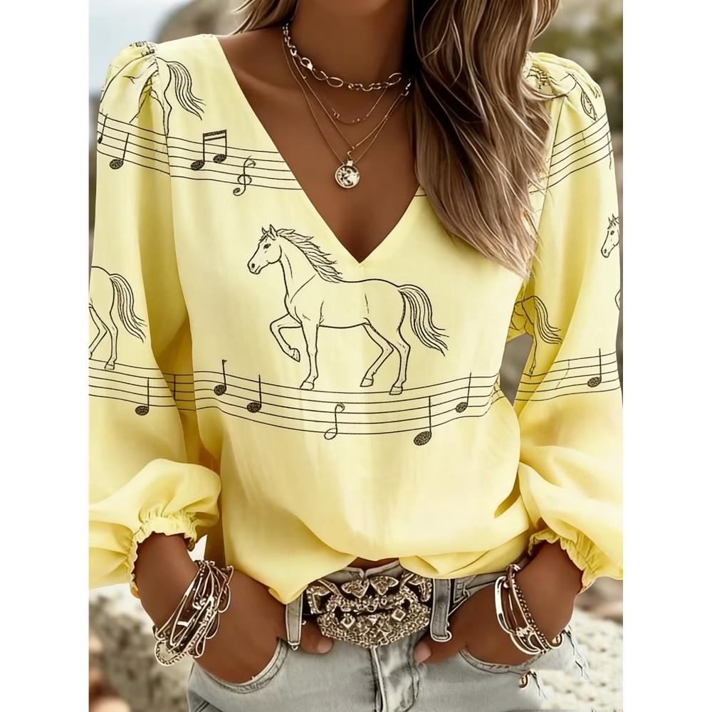 Women s casual retro western-style V-neck shirt with horse-patterned print, long-sleeved shirt suitable for casual wear S