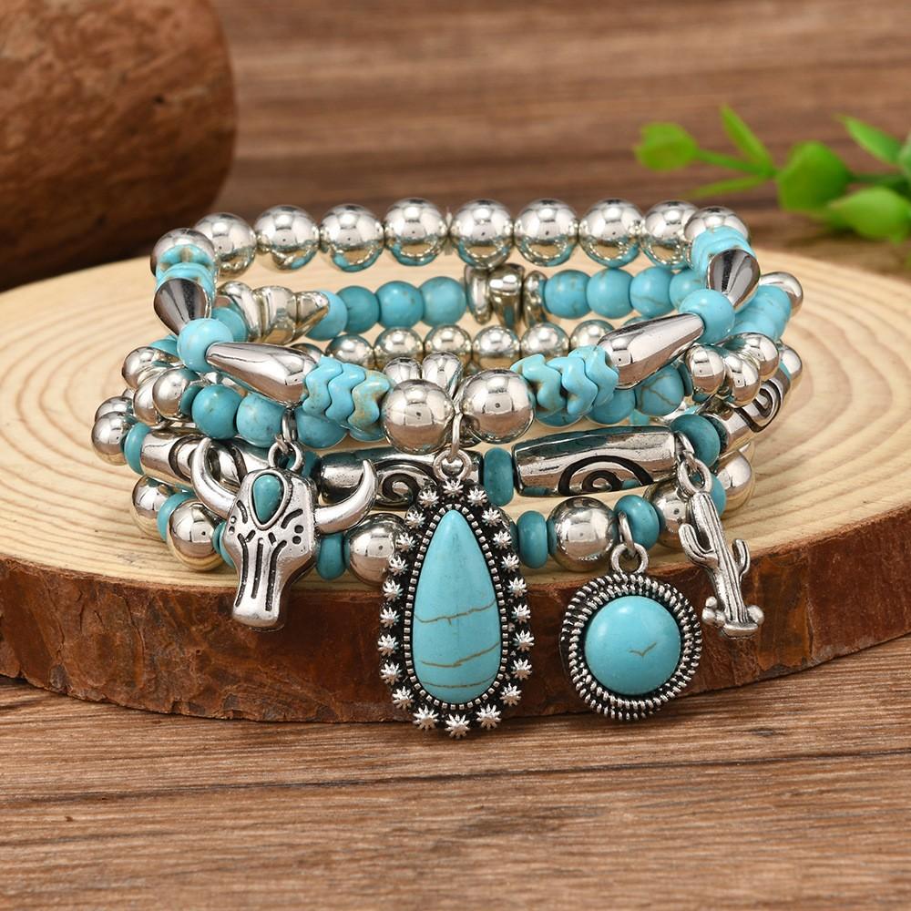 Türkis Schmuck, Damen Armbänder, Böhmische Türkis Retro Perlenarmbänder, Gestapeltes Set Armbänder.