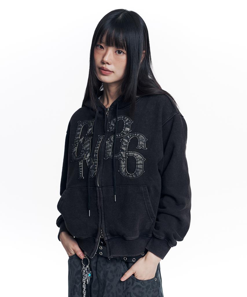 Easy No Easy Washed Leather Patch Zip-Up Hoodie - Black