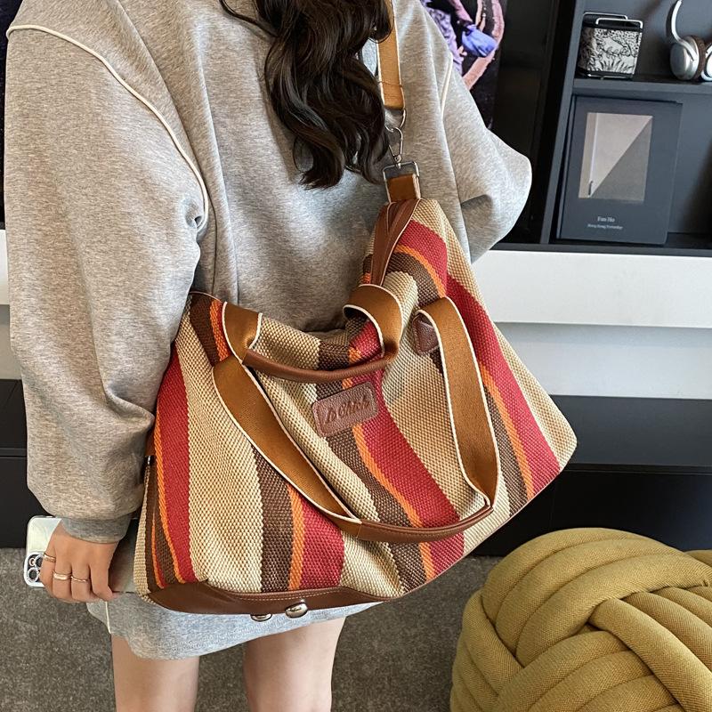 New Striped Short Trip Bag Women's Japanese Canvas Hand Luggage Large Capacity Shoulder Crossbody Bag
