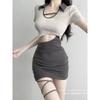Hollow waist sexy dress high-end fake two-piece contrasting color hip skirt sweet hottie strap splicing short skirt