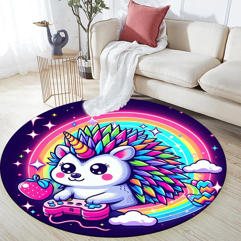 1pc Soft, Absorbent & Non Slip Colorful Hedgehog Playing Games Round Rug Soft Circle Rug for Living Room & Bedroom Decor, Chair Mats, and Un