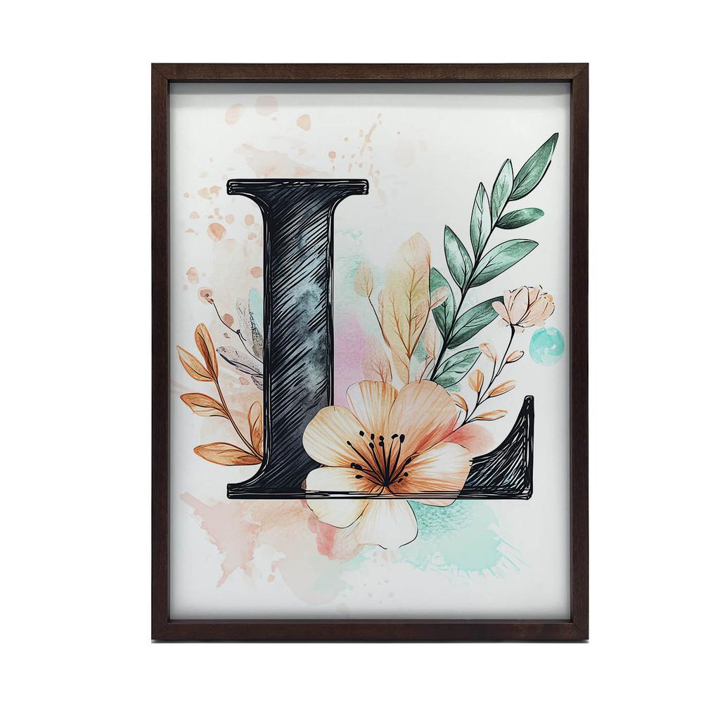 Plakat Litera "L" W Kwiatowej Kompozycji Plakat Litera "L" W Kwiatowej Kompozycji, 30X40 Cm, Rama Drewniana Ciemny Brąz, Papier Matowy 230 Gsm