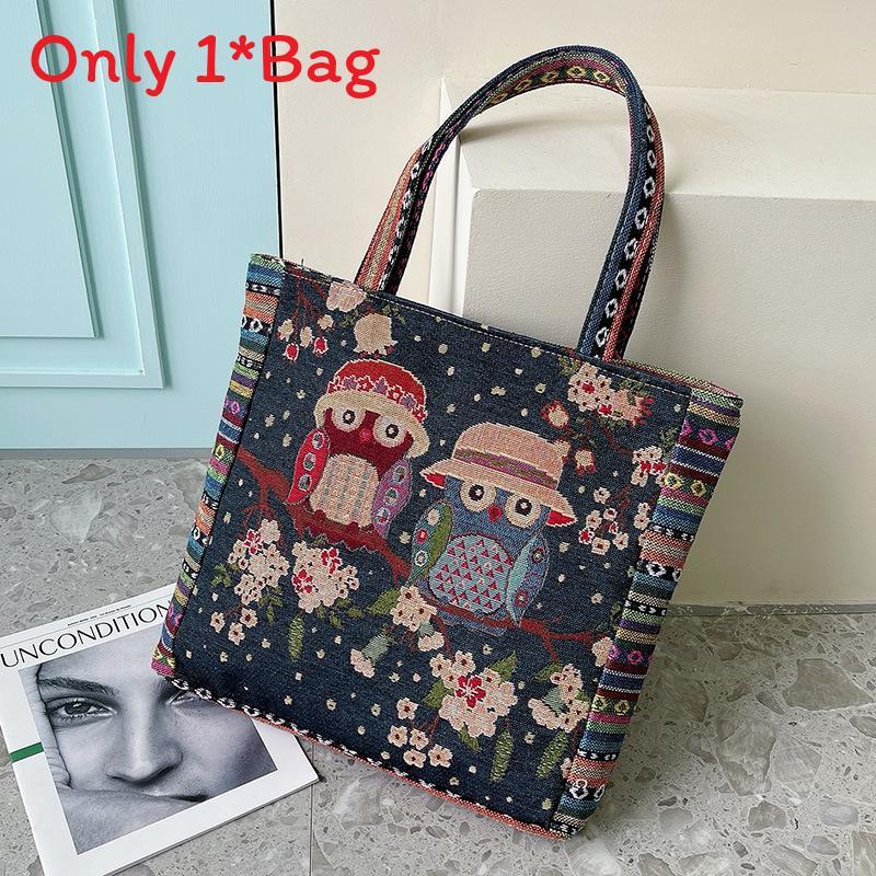 Canvas Embroidered Owl Tote Bag With Zipper Closure For Daily Use