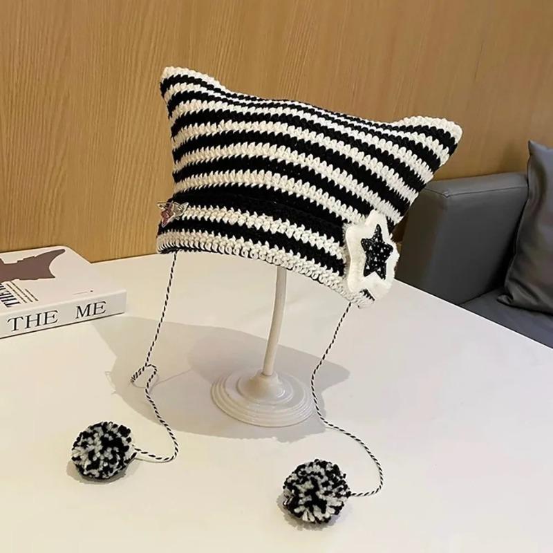 Y2K Beanie Hat Ins Devil Ear Striped Knitted Cap Autumn Winter Hip-hop Cute Cat Ears Pointed Pullover Women's Hats