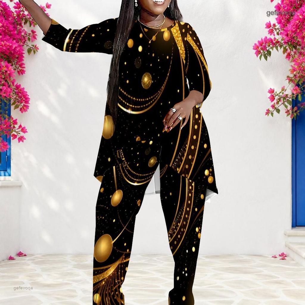 Women Plus Size Round Neck Long Sleeve Printed Irregular Top And Long Pants Two Piece Set
