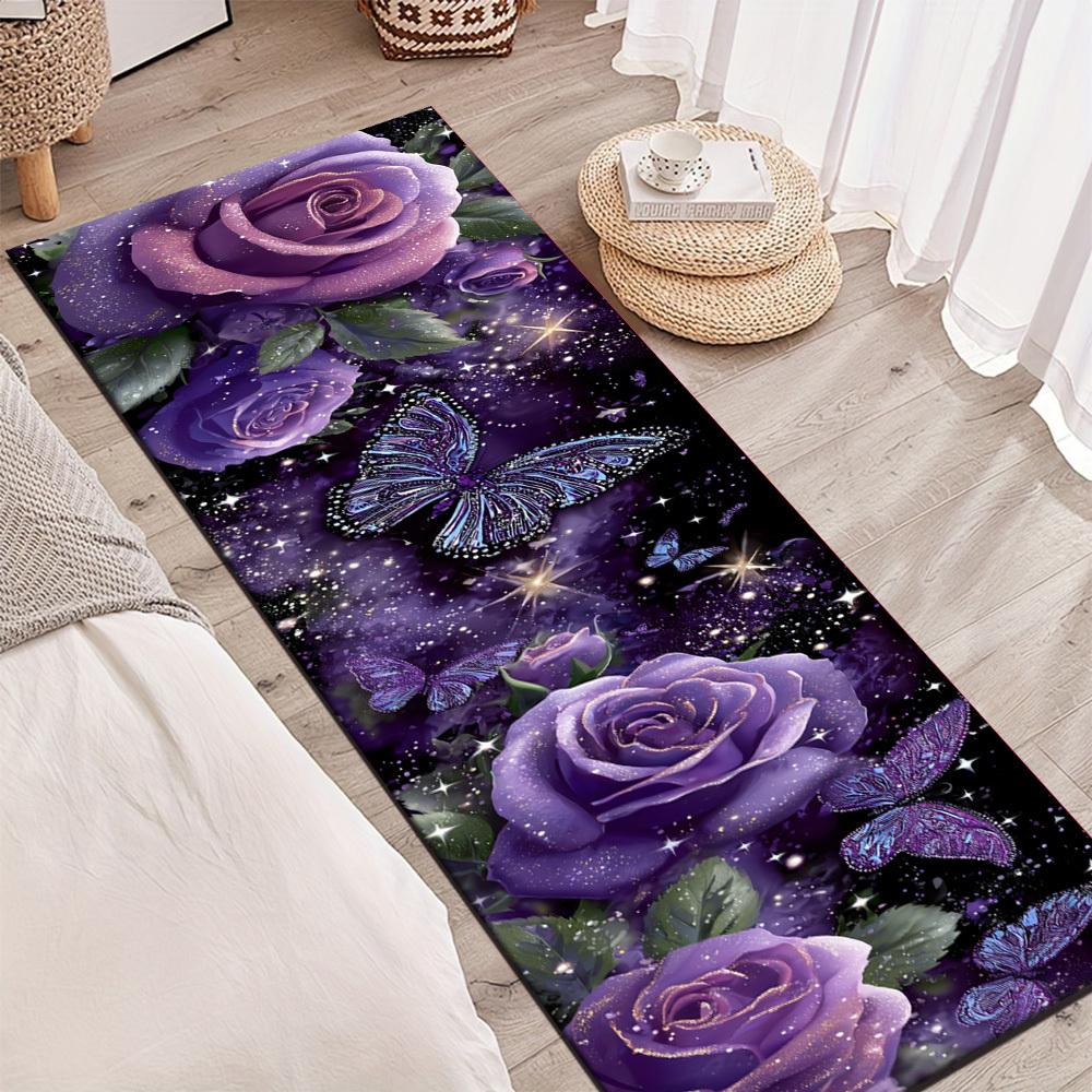 1Pcs Purple Roses Butterflies Non-Slip Washable Area Rug Runner for Entryway, Living Room, Bedroom & Patio
